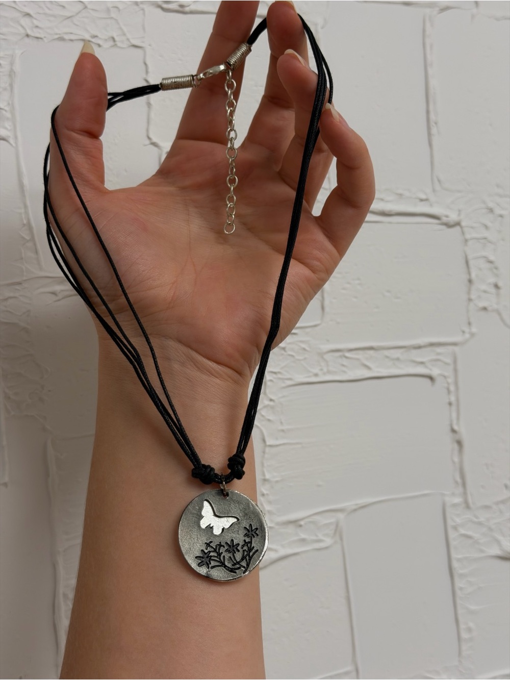Anju Handcrafted Artisan Pewter Butterfly & Flowers Cord Necklace